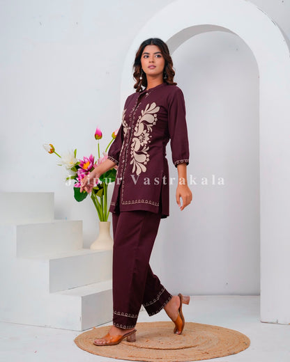 Burgundy Meadow Embroidery Cotton Flex Co-ord Set