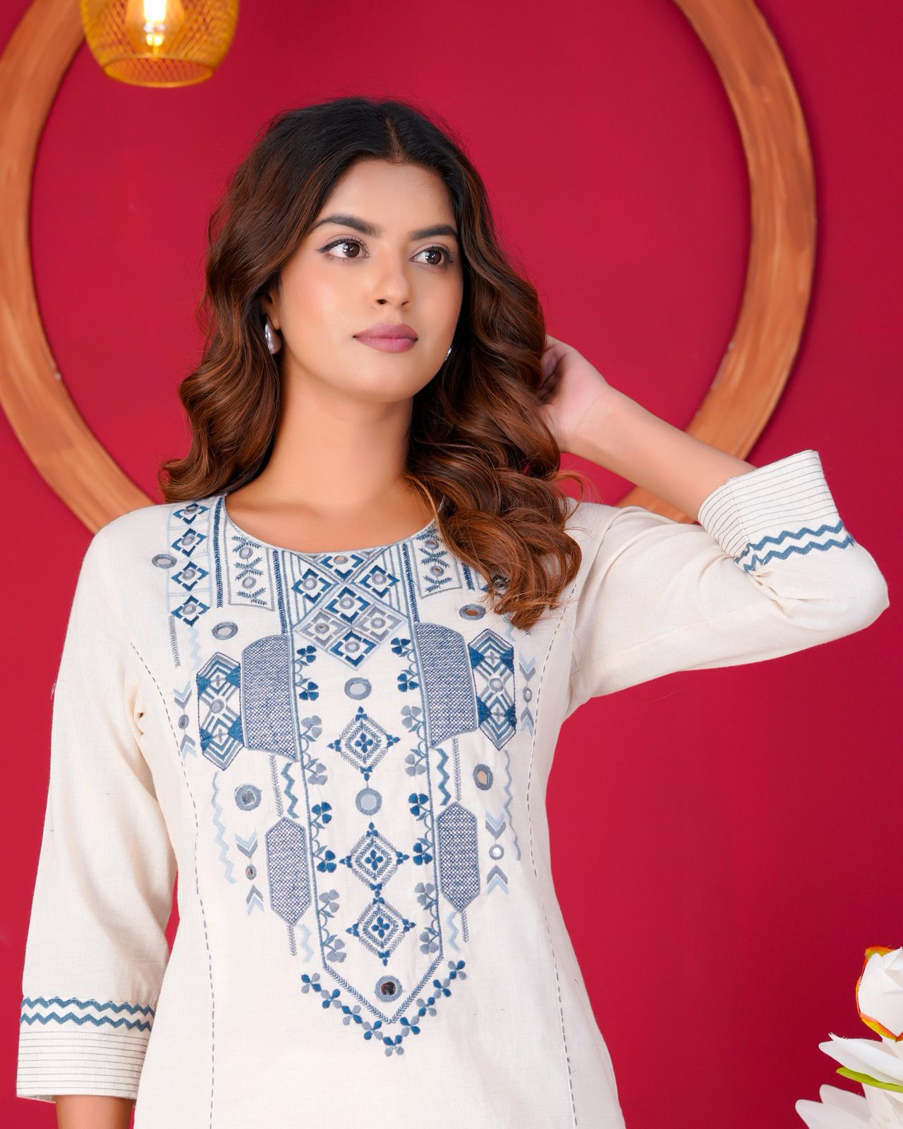 White Mirror Embroidery Cotton Flex Co-ord Set