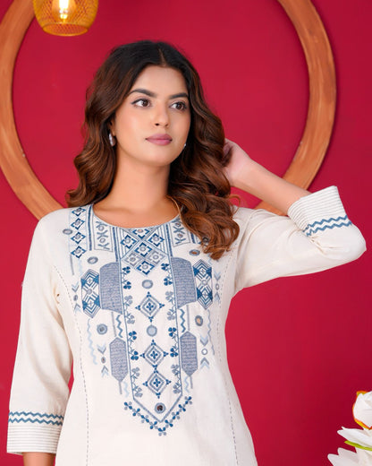 White Mirror Embroidery Cotton Flex Co-ord Set