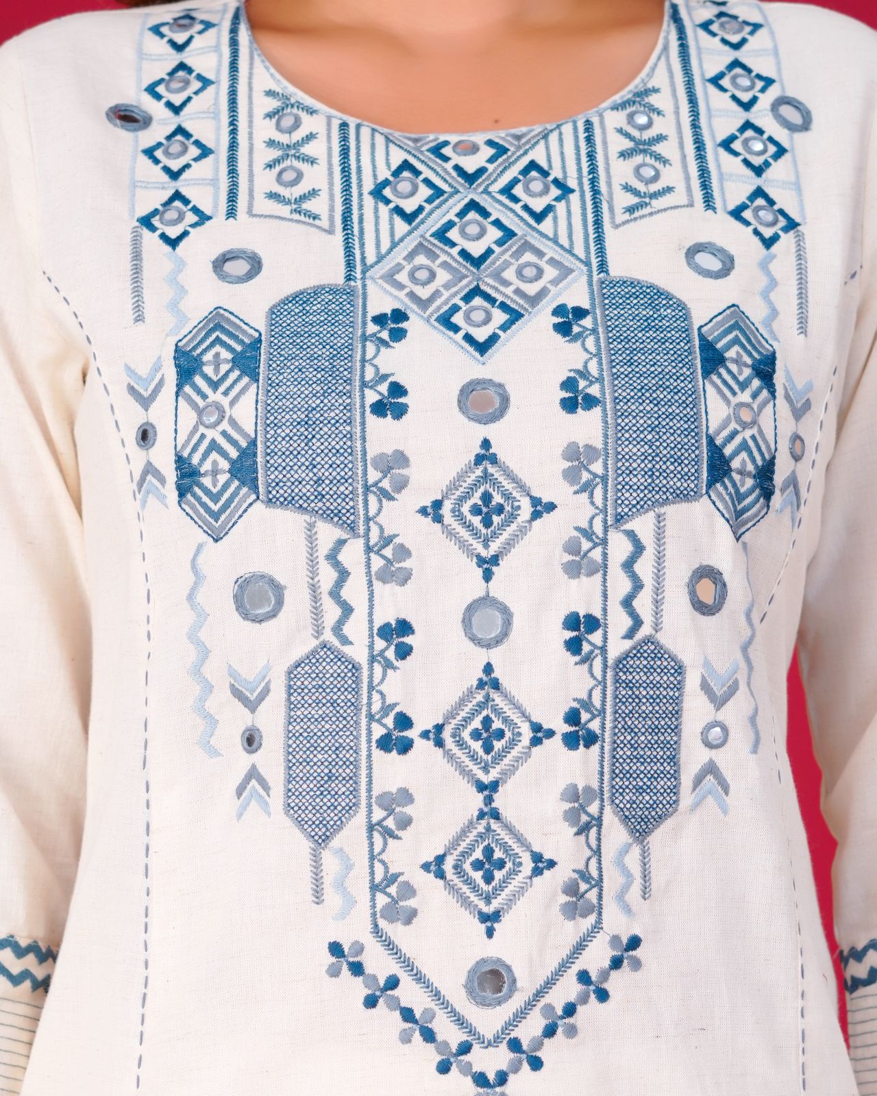 White Mirror Embroidery Cotton Flex Co-ord Set