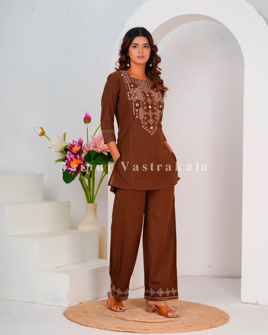 Brown Mirror Embroidery Cotton Flex Co-ord Set