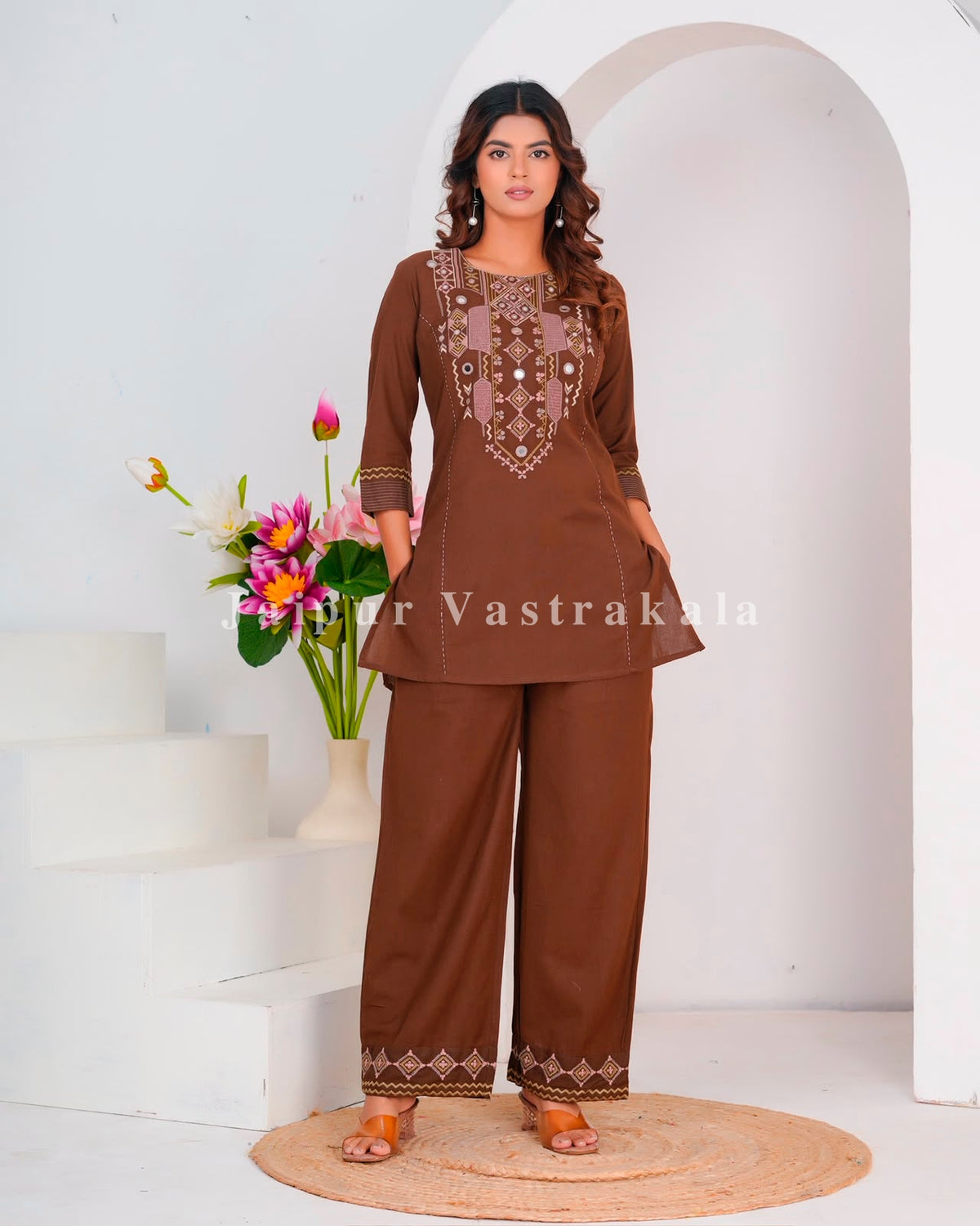 Brown Mirror Embroidery Cotton Flex Co-ord Set