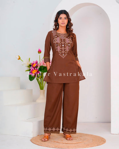 Brown Mirror Embroidery Cotton Flex Co-ord Set