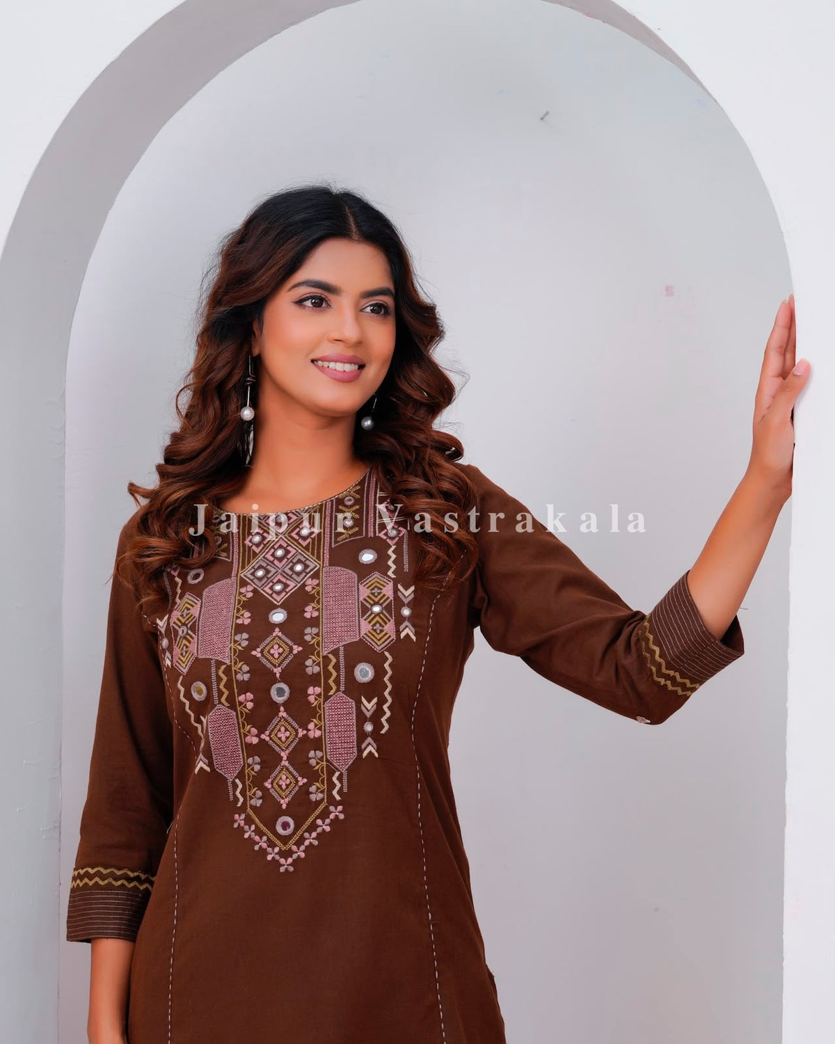 Brown Mirror Embroidery Cotton Flex Co-ord Set