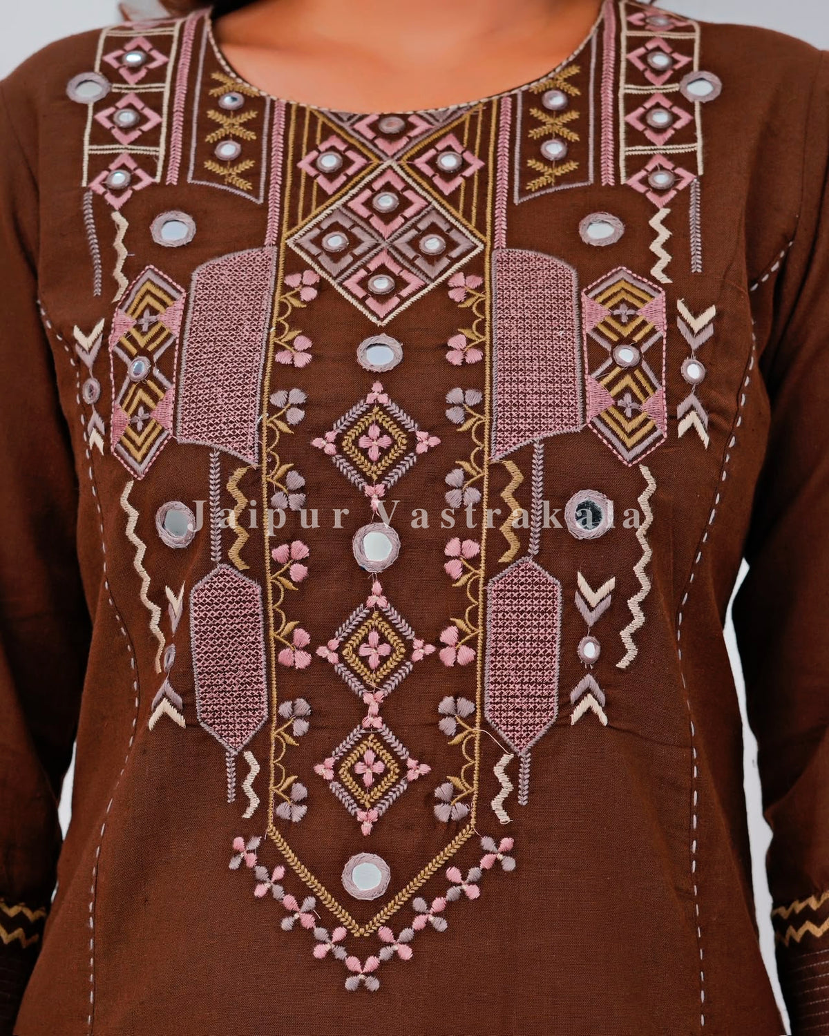 Brown Mirror Embroidery Cotton Flex Co-ord Set