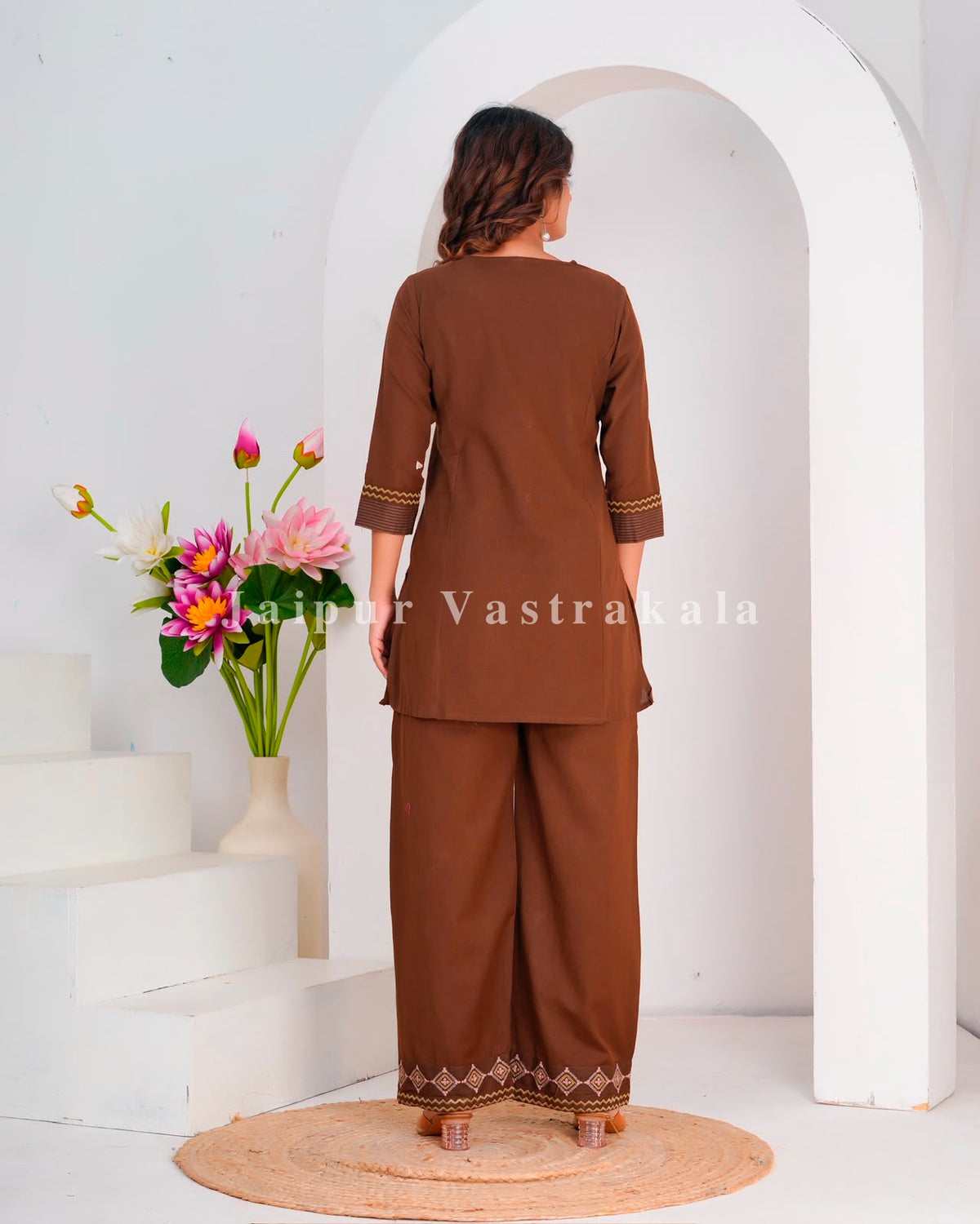 Brown Mirror Embroidery Cotton Flex Co-ord Set