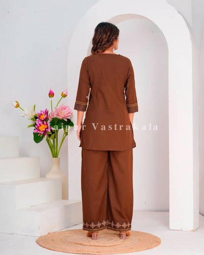 Brown Mirror Embroidery Cotton Flex Co-ord Set