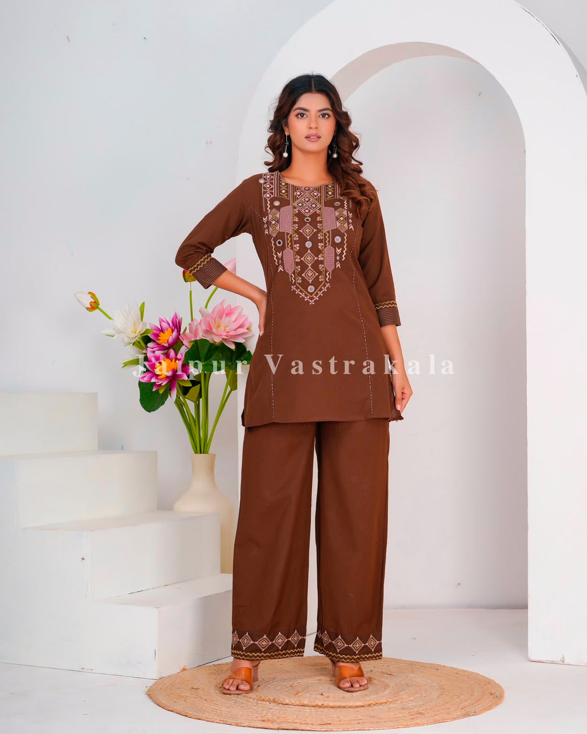 Brown Mirror Embroidery Cotton Flex Co-ord Set