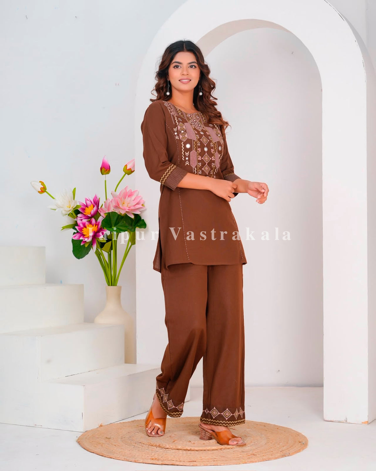 Brown Mirror Embroidery Cotton Flex Co-ord Set