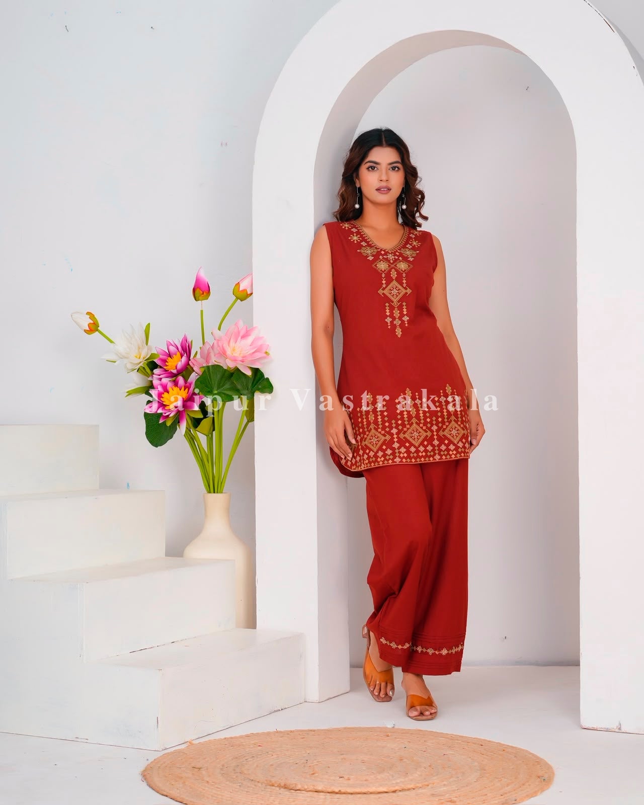 Rust Fusion Embroidery Sleeveless Co-ord Set