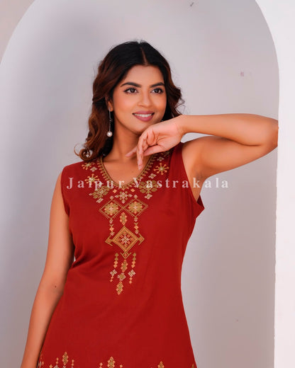 Rust Fusion Embroidery Sleeveless Co-ord Set