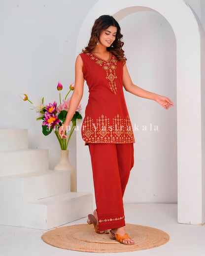 Rust Fusion Embroidery Sleeveless Co-ord Set