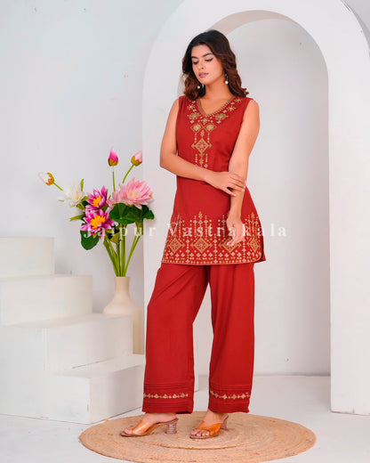 Rust Fusion Embroidery Sleeveless Co-ord Set