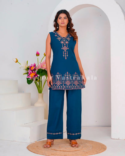 Blue Fusion Embroidery Sleeveless Co-ord Set