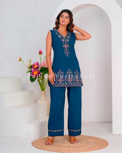 Blue Fusion Embroidery Sleeveless Co-ord Set