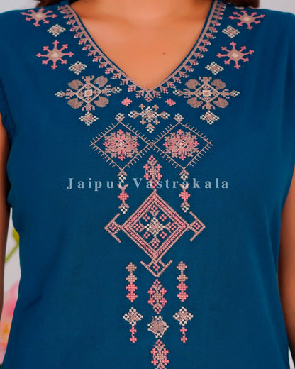 Blue Fusion Embroidery Sleeveless Co-ord Set