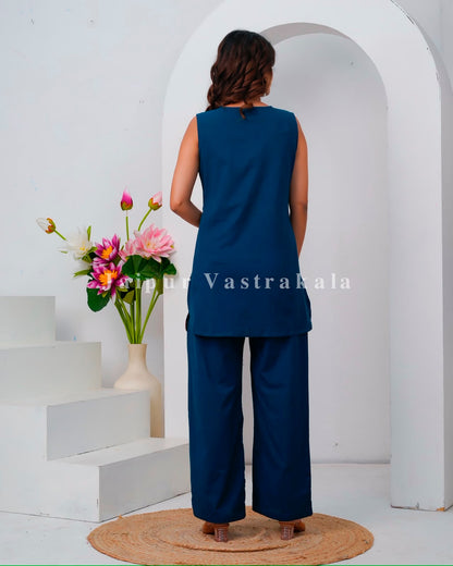 Blue Fusion Embroidery Sleeveless Co-ord Set