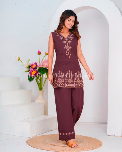Coffee Fusion Embroidery Sleeveless Co-ord Set