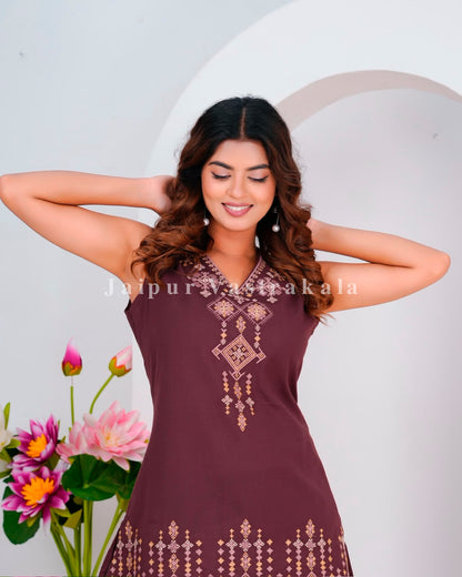Coffee Fusion Embroidery Sleeveless Co-ord Set