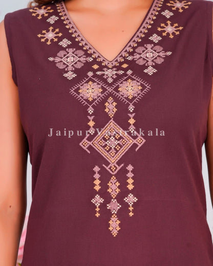 Coffee Fusion Embroidery Sleeveless Co-ord Set
