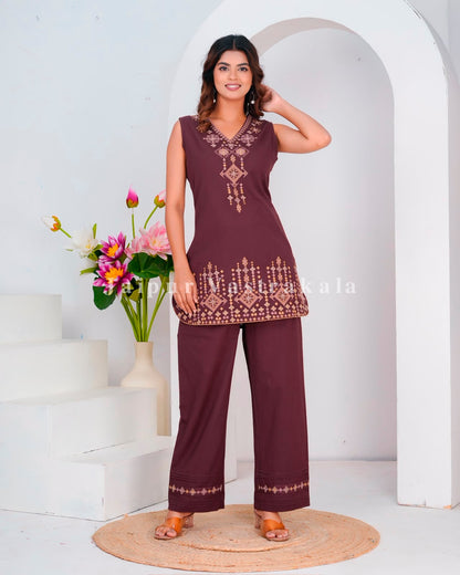 Coffee Fusion Embroidery Sleeveless Co-ord Set