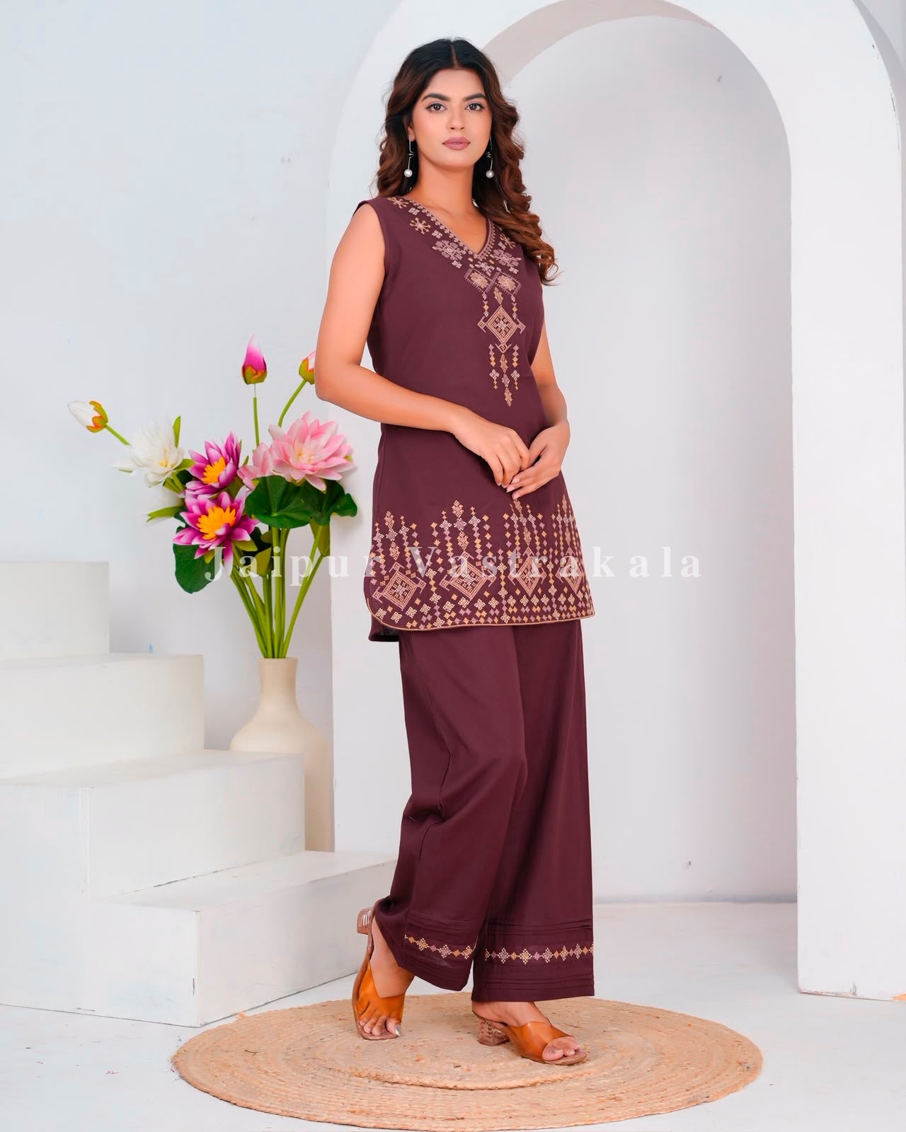 Coffee Fusion Embroidery Sleeveless Co-ord Set