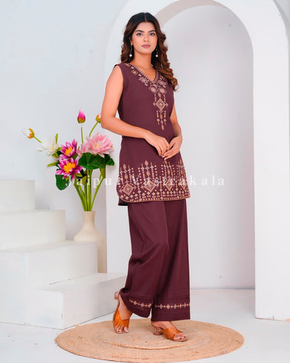 Coffee Fusion Embroidery Sleeveless Co-ord Set
