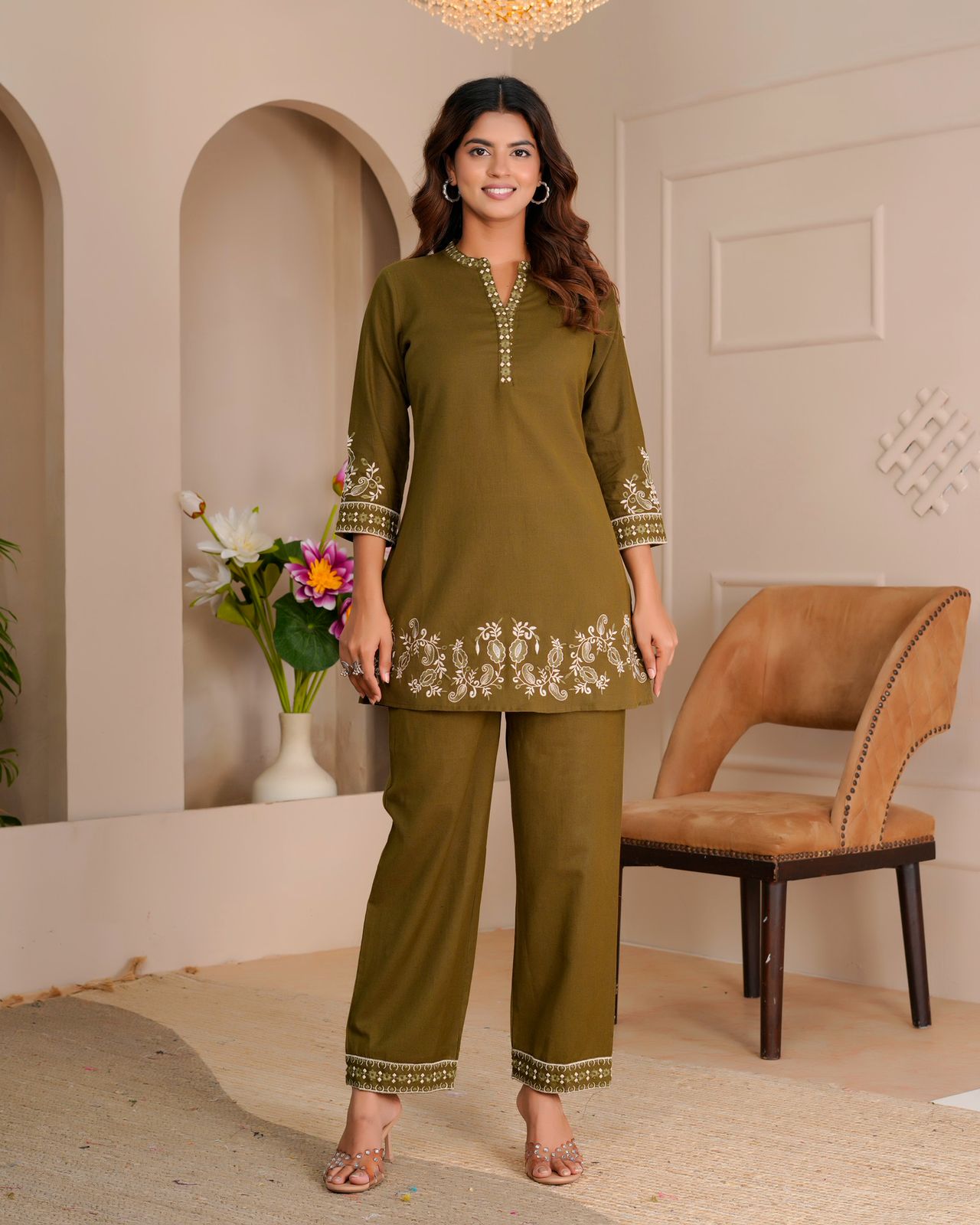 Olive Whisper Cotton Flex Embroidery Co-ord Set