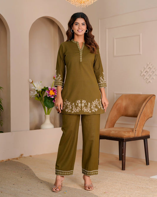 Olive Whisper Cotton Flex Embroidery Co-ord Set