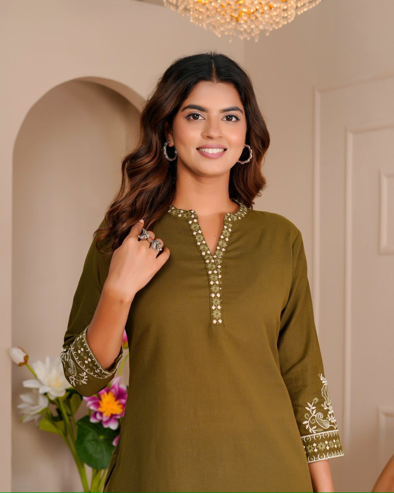 Olive Whisper Cotton Flex Embroidery Co-ord Set