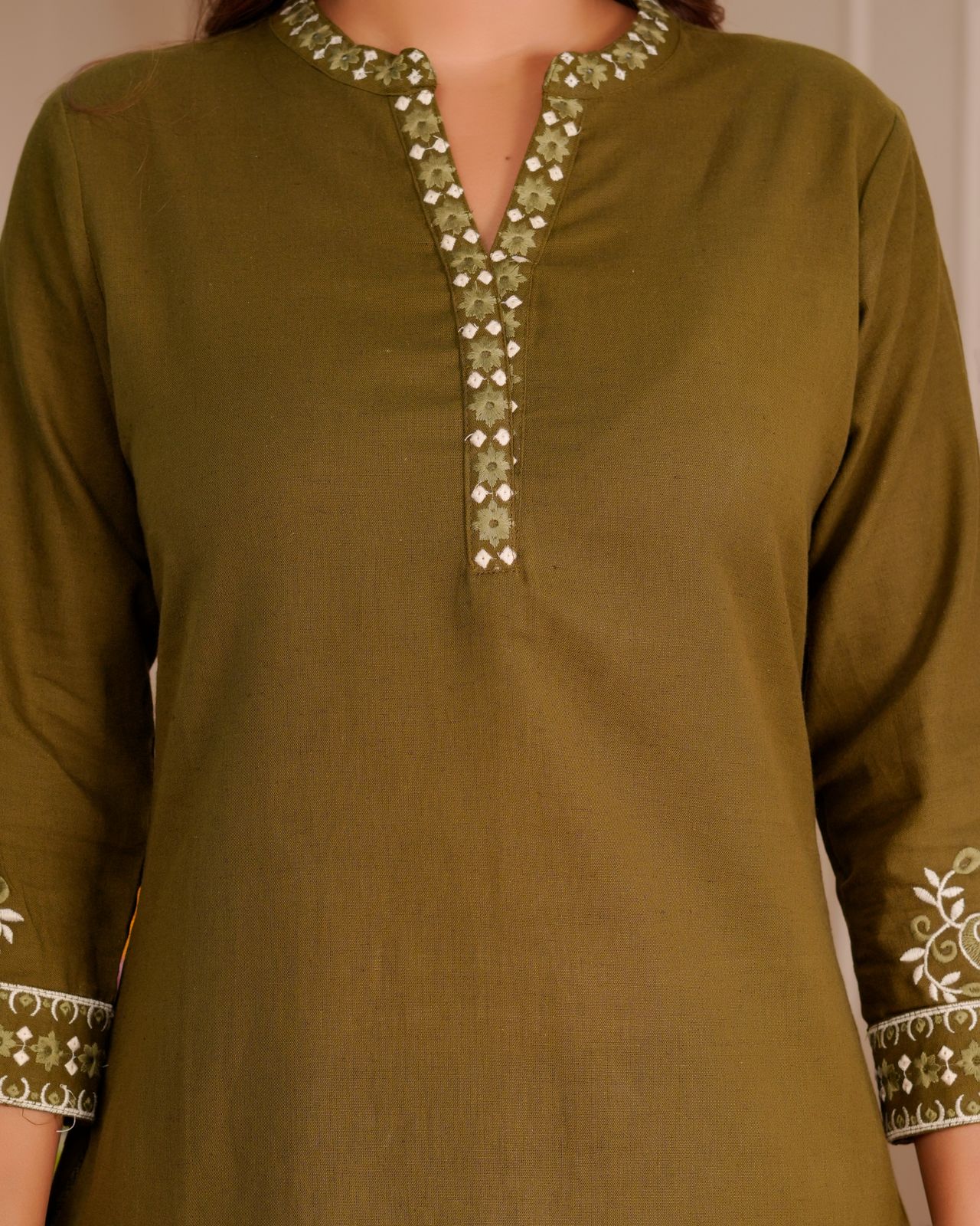 Olive Whisper Cotton Flex Embroidery Co-ord Set