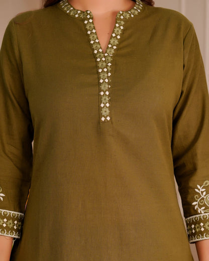 Olive Whisper Cotton Flex Embroidery Co-ord Set