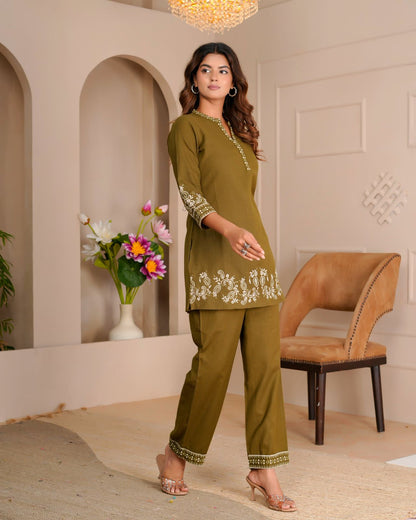 Olive Whisper Cotton Flex Embroidery Co-ord Set