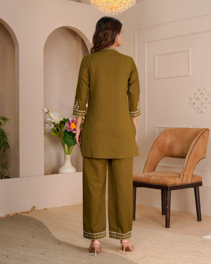 Olive Whisper Cotton Flex Embroidery Co-ord Set