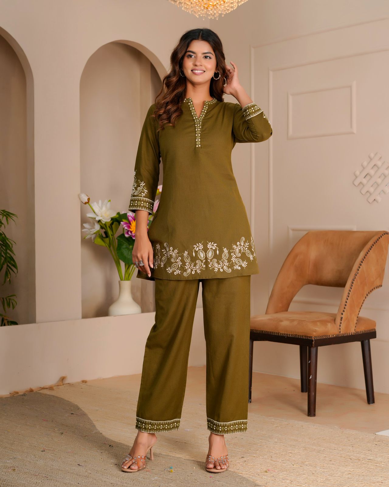 Olive Whisper Cotton Flex Embroidery Co-ord Set
