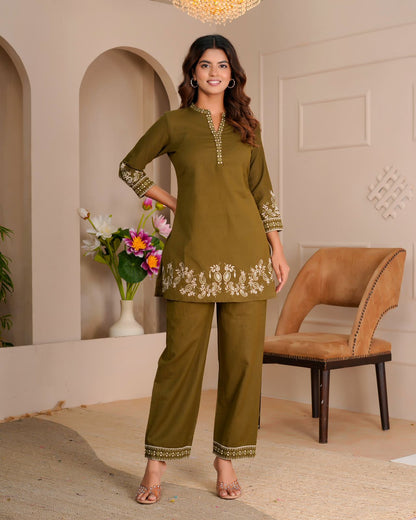 Olive Whisper Cotton Flex Embroidery Co-ord Set