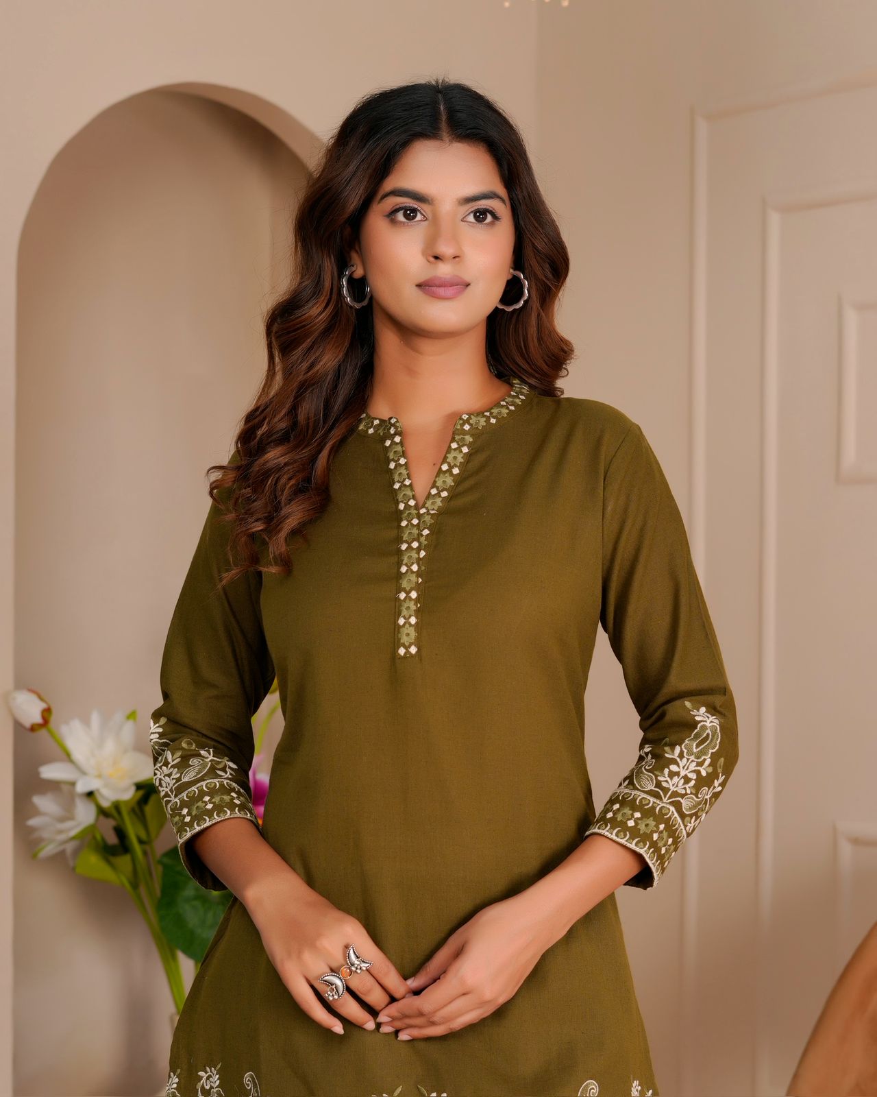 Olive Whisper Cotton Flex Embroidery Co-ord Set