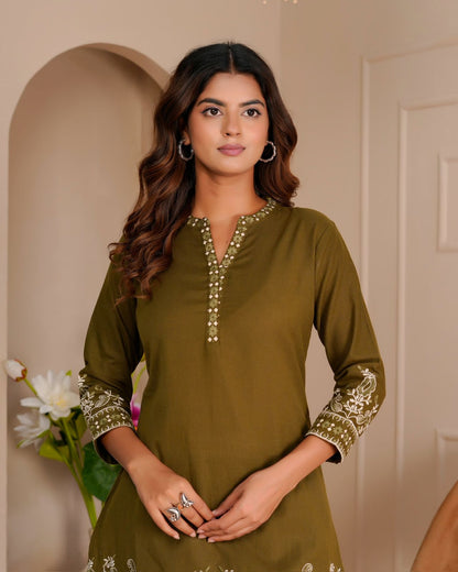 Olive Whisper Cotton Flex Embroidery Co-ord Set