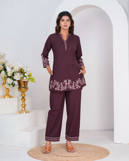 Burgundy Cotton Flex Embroidery Co-ord Set