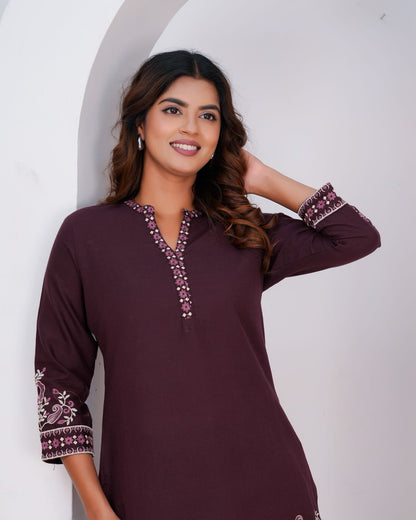 Burgundy Cotton Flex Embroidery Co-ord Set