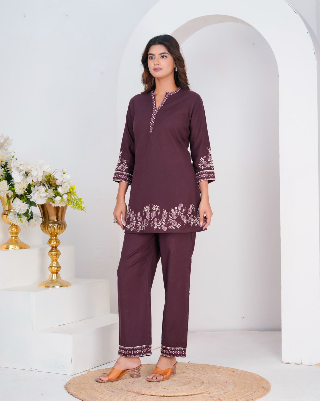 Burgundy Cotton Flex Embroidery Co-ord Set