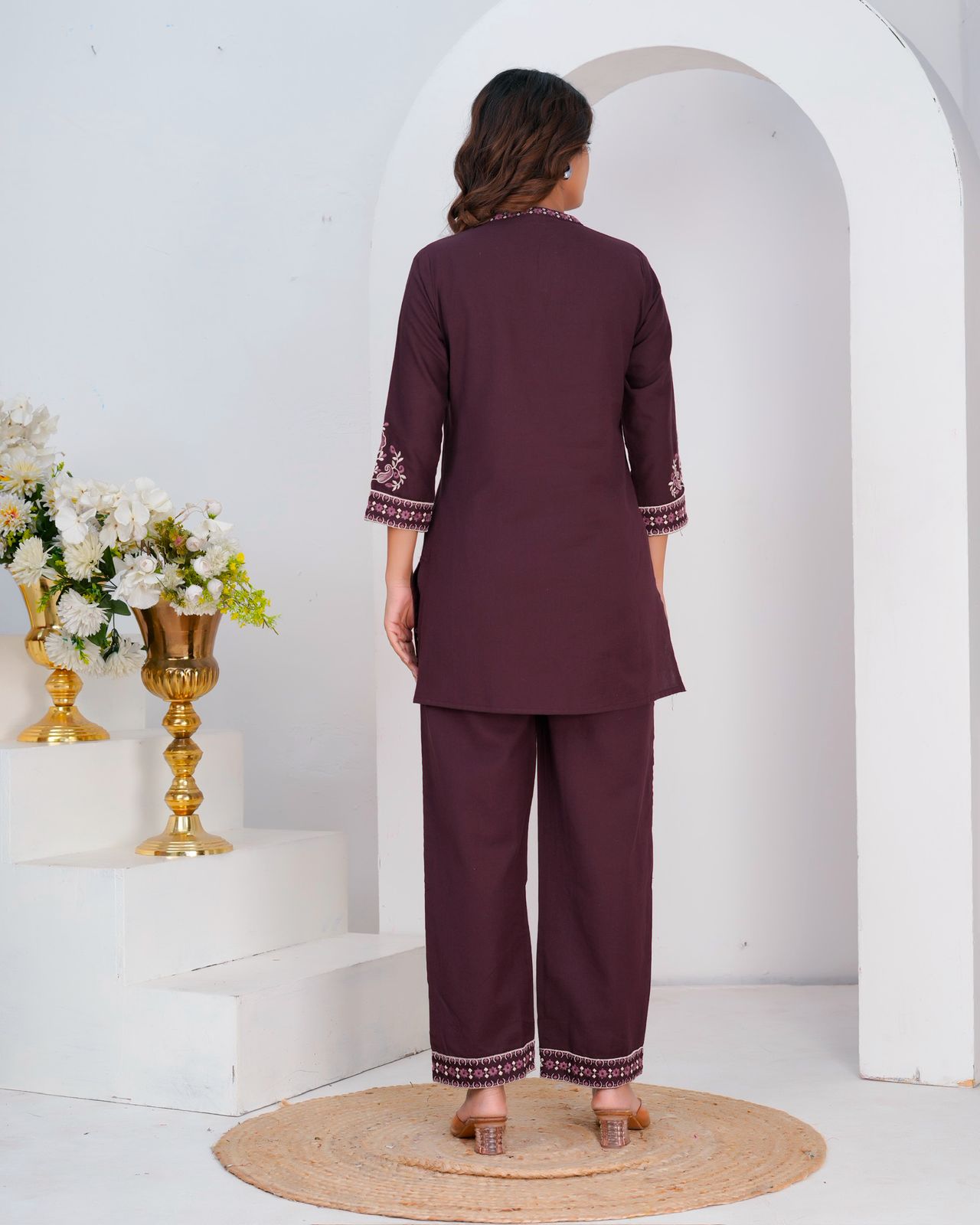 Burgundy Cotton Flex Embroidery Co-ord Set
