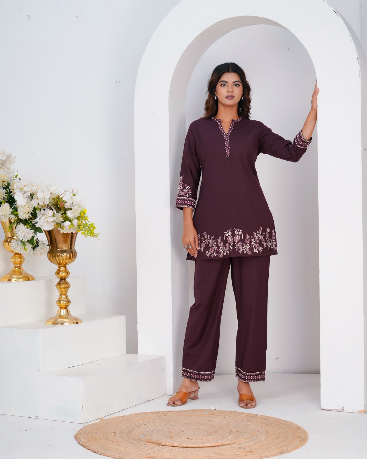 Burgundy Cotton Flex Embroidery Co-ord Set