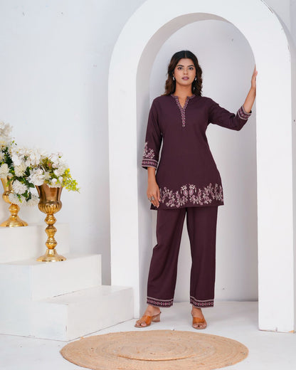 Burgundy Cotton Flex Embroidery Co-ord Set