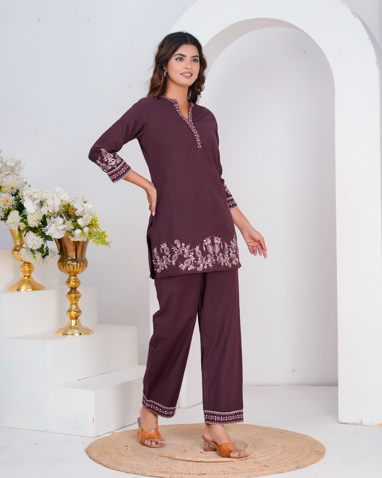 Burgundy Cotton Flex Embroidery Co-ord Set