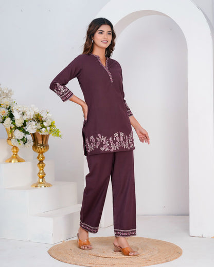 Burgundy Cotton Flex Embroidery Co-ord Set