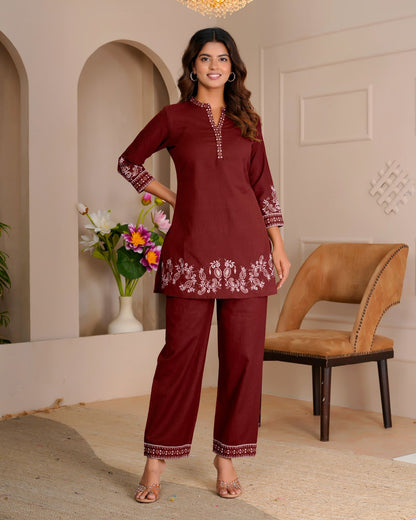 Maroon Whisper Cotton Flex Embroidery Co-ord Set