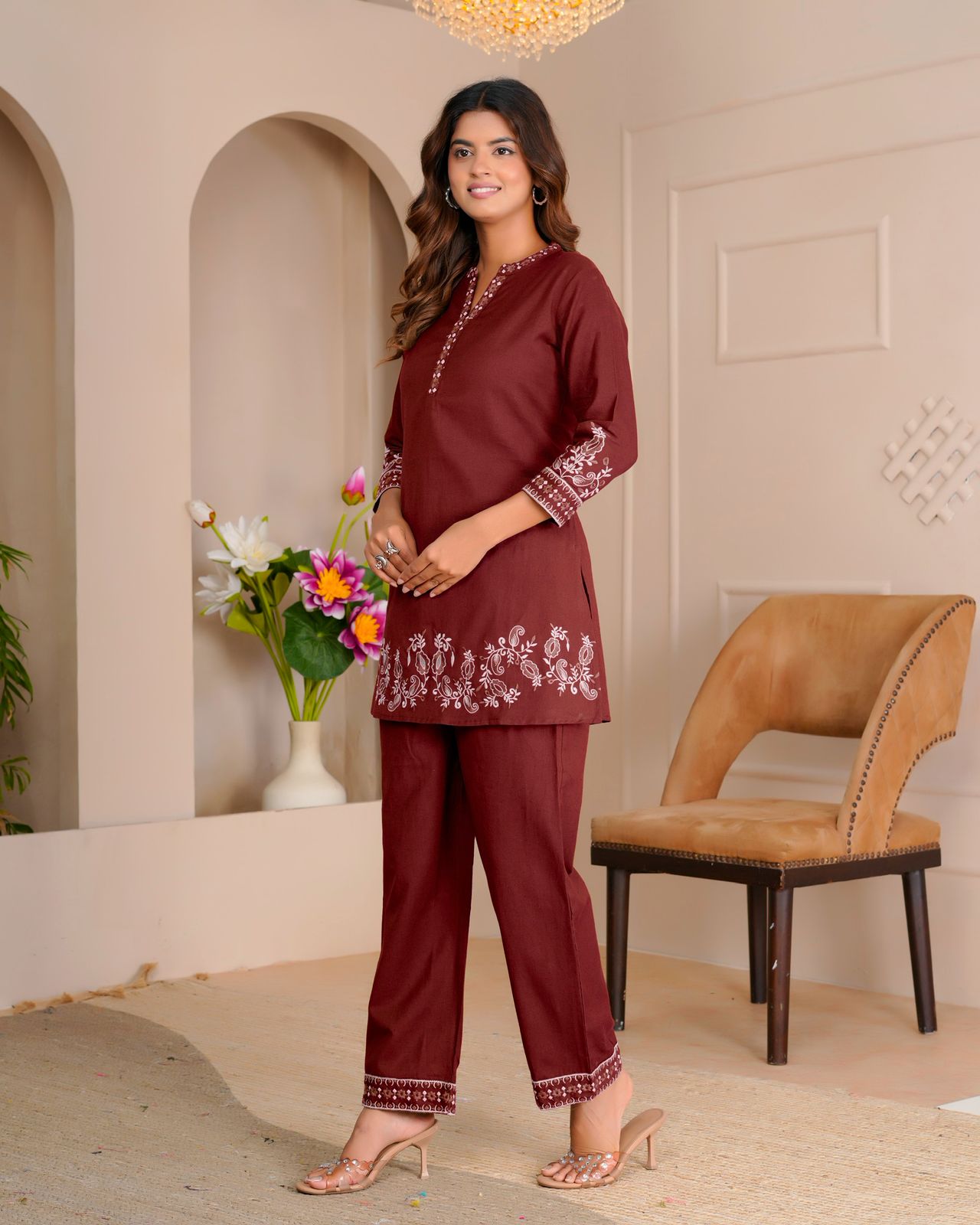 Maroon Whisper Cotton Flex Embroidery Co-ord Set