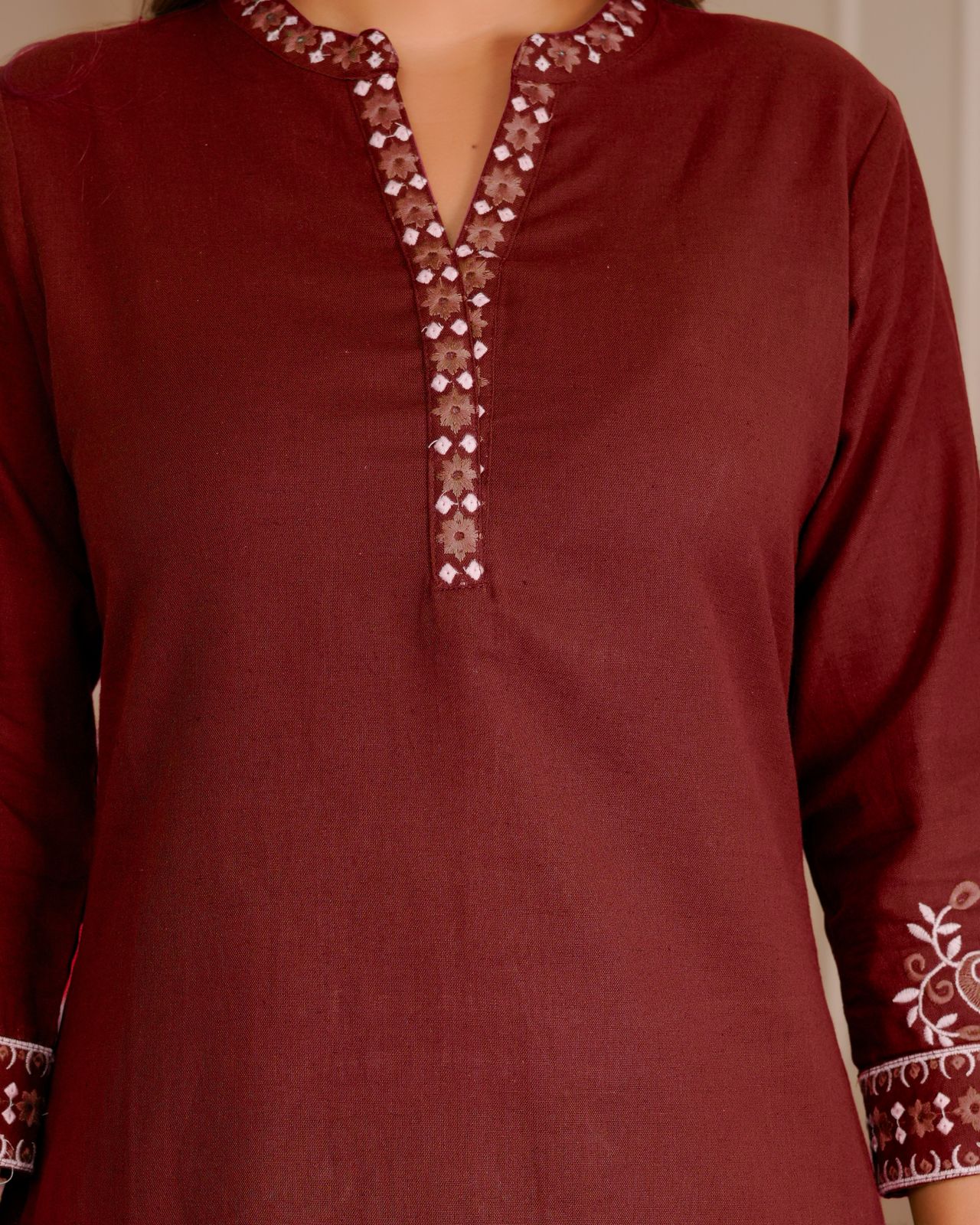Maroon Whisper Cotton Flex Embroidery Co-ord Set