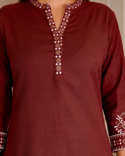 Maroon Whisper Cotton Flex Embroidery Co-ord Set